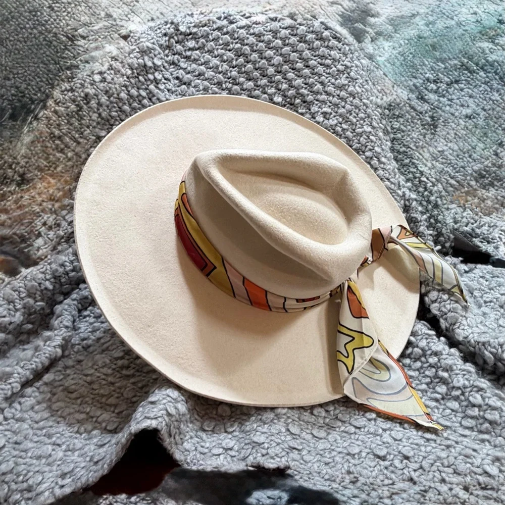 Lack Of Color NWOT White Felt Fedora with Multicolor Scarf Band Size S